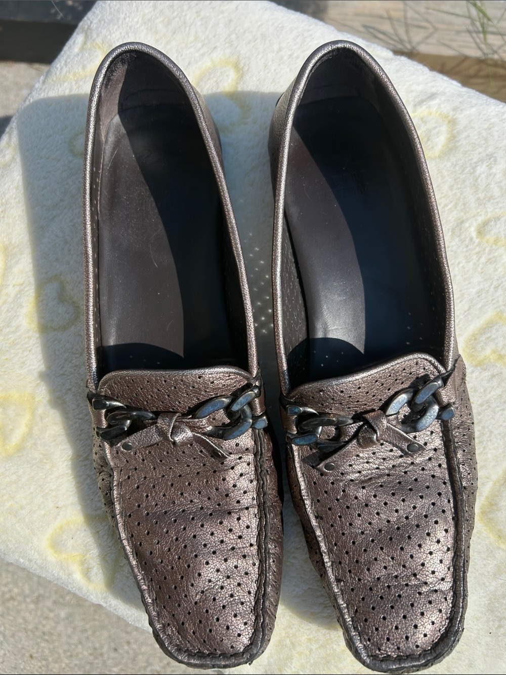 Stuart Weitzman Metallic Brown Perforated Leather Loafers